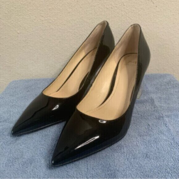 Marc Fisher Ltd Black Patent Leather Pointed Toe Clear Block Heels - Picture 8 of 16